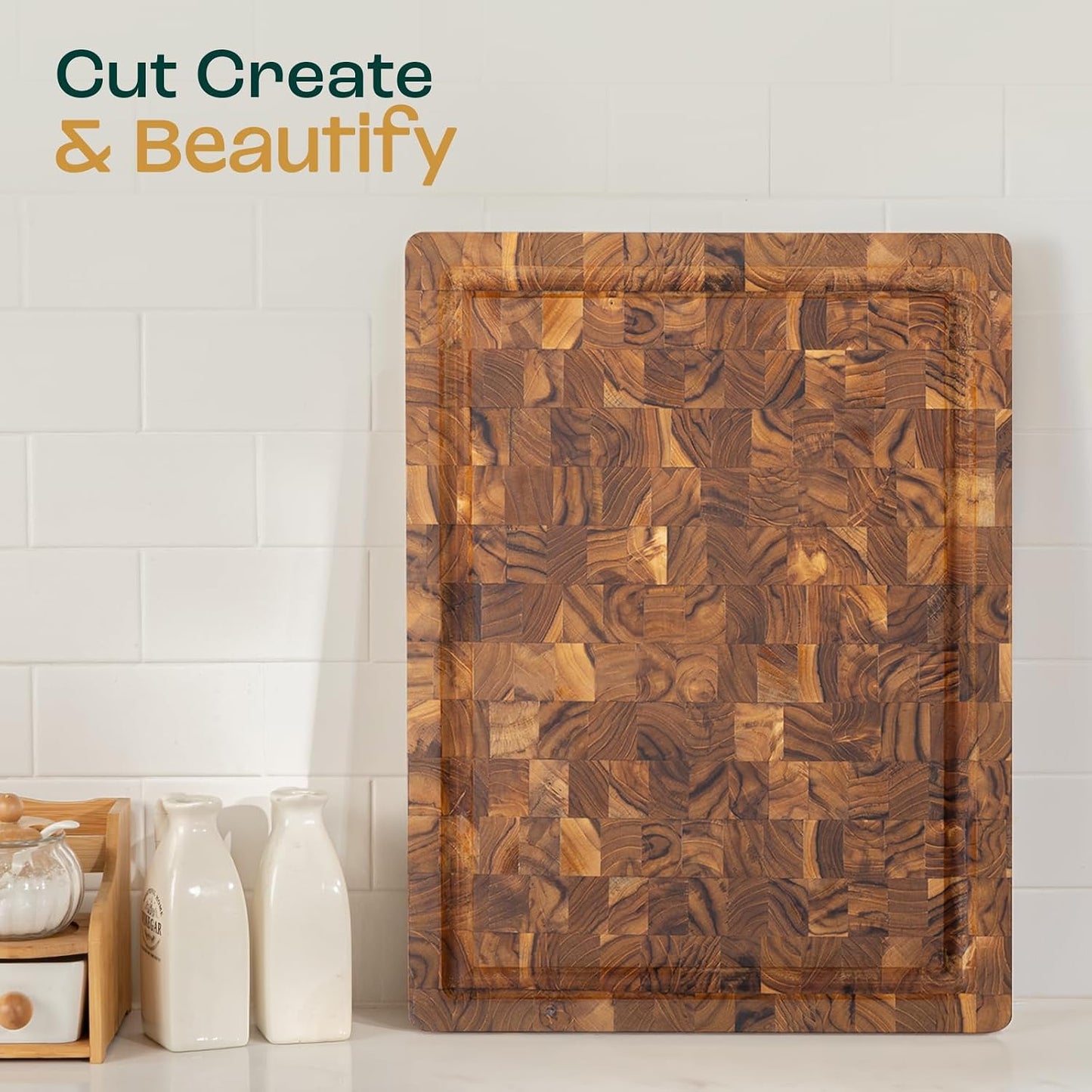 Large Teak Cutting Boards for Kitchen, 20"x15"x1.5" End Grain Butcher Block with Food-Friendly Surface, Durable Wood Chopping Board with Juice Grooves and Easy-Grip Handle for Home Prep