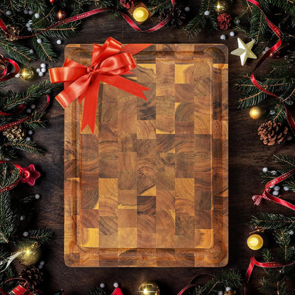 Large Teak Cutting Boards for Kitchen, 20"x15"x1.5" End Grain Butcher Block with Food-Friendly Surface, Durable Wood Chopping Board with Juice Grooves and Easy-Grip Handle for Home Prep