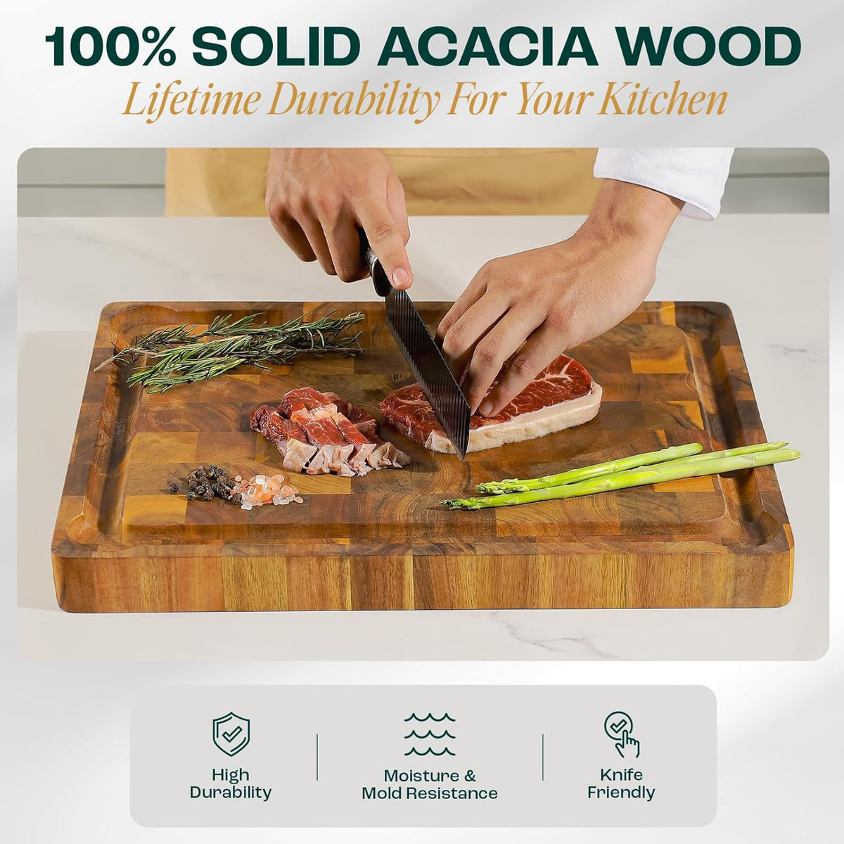 Large Teak Cutting Boards for Kitchen, 20"x15"x1.5" End Grain Butcher Block with Food-Friendly Surface, Durable Wood Chopping Board with Juice Grooves and Easy-Grip Handle for Home Prep