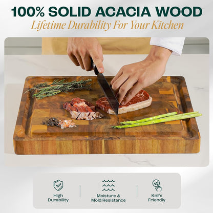 Large Teak Cutting Boards for Kitchen, 20"x15"x1.5" End Grain Butcher Block with Food-Friendly Surface, Durable Wood Chopping Board with Juice Grooves and Easy-Grip Handle for Home Prep