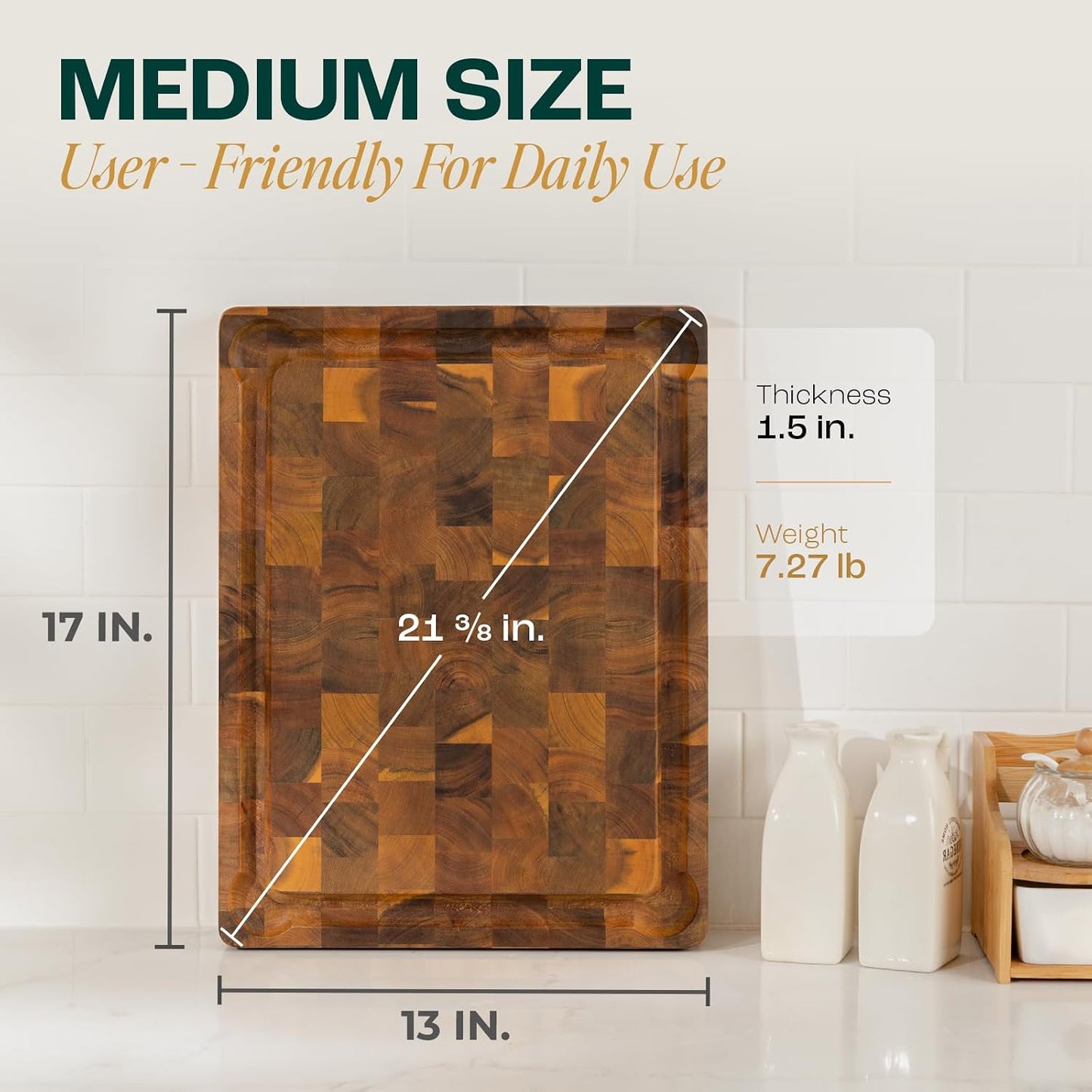 Large Teak Cutting Boards for Kitchen, 20"x15"x1.5" End Grain Butcher Block with Food-Friendly Surface, Durable Wood Chopping Board with Juice Grooves and Easy-Grip Handle for Home Prep