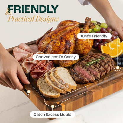 Large Teak Cutting Boards for Kitchen, 20"x15"x1.5" End Grain Butcher Block with Food-Friendly Surface, Durable Wood Chopping Board with Juice Grooves and Easy-Grip Handle for Home Prep