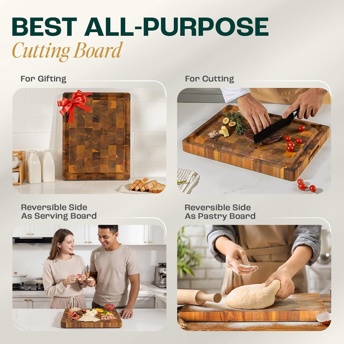 Large Teak Cutting Boards for Kitchen, 20"x15"x1.5" End Grain Butcher Block with Food-Friendly Surface, Durable Wood Chopping Board with Juice Grooves and Easy-Grip Handle for Home Prep