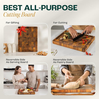 Large Teak Cutting Boards for Kitchen, 20"x15"x1.5" End Grain Butcher Block with Food-Friendly Surface, Durable Wood Chopping Board with Juice Grooves and Easy-Grip Handle for Home Prep