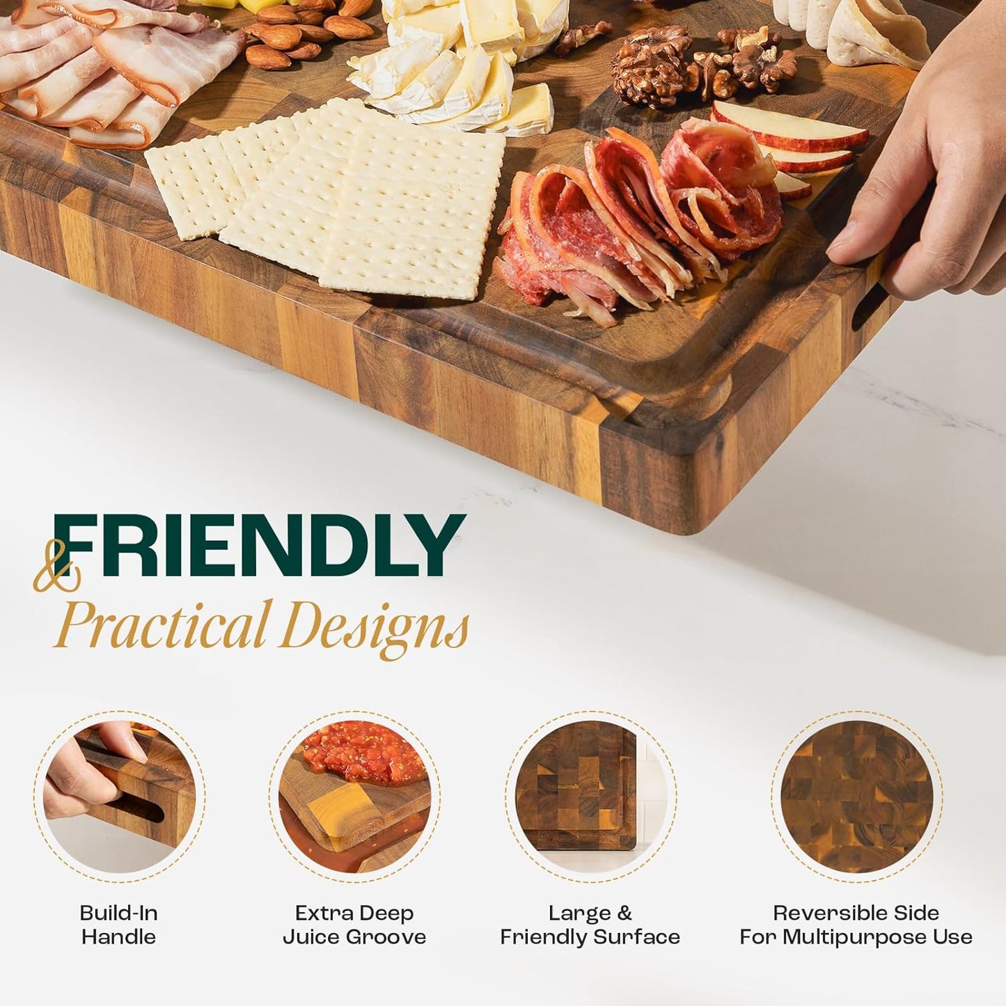 Large Teak Cutting Boards for Kitchen, 20"x15"x1.5" End Grain Butcher Block with Food-Friendly Surface, Durable Wood Chopping Board with Juice Grooves and Easy-Grip Handle for Home Prep