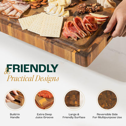 Large Teak Cutting Boards for Kitchen, 20"x15"x1.5" End Grain Butcher Block with Food-Friendly Surface, Durable Wood Chopping Board with Juice Grooves and Easy-Grip Handle for Home Prep