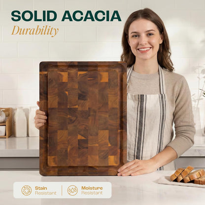 Large Teak Cutting Boards for Kitchen, 20"x15"x1.5" End Grain Butcher Block with Food-Friendly Surface, Durable Wood Chopping Board with Juice Grooves and Easy-Grip Handle for Home Prep