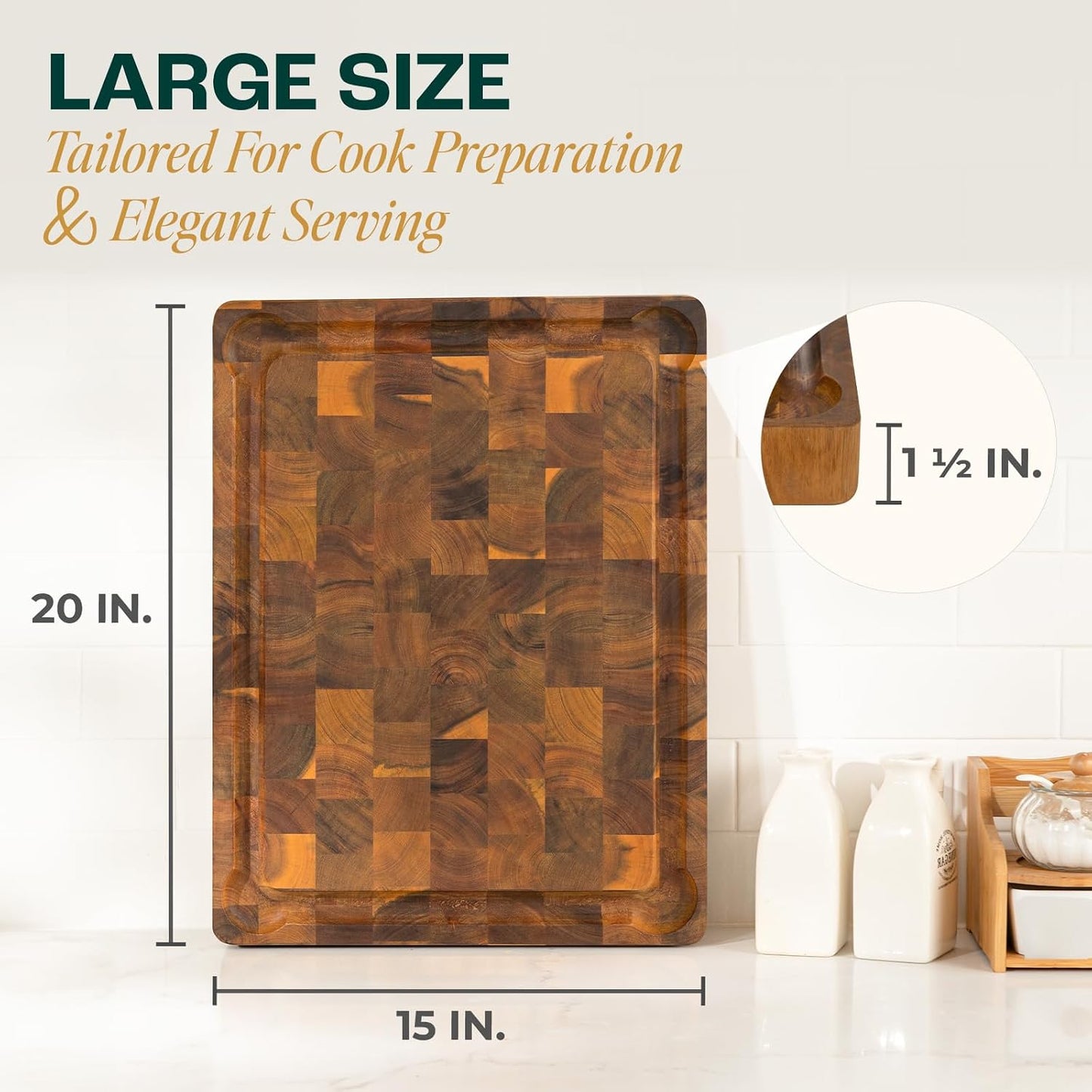 Large Teak Cutting Boards for Kitchen, 20"x15"x1.5" End Grain Butcher Block with Food-Friendly Surface, Durable Wood Chopping Board with Juice Grooves and Easy-Grip Handle for Home Prep