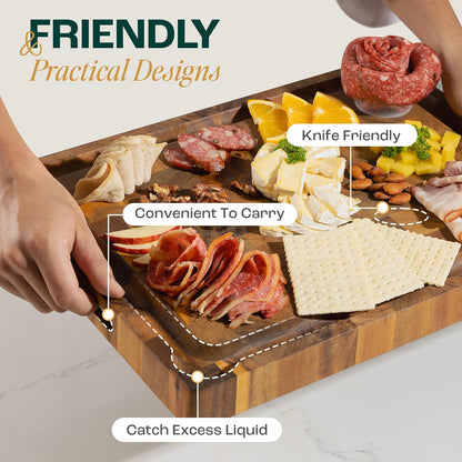 Large Teak Cutting Boards for Kitchen, 20"x15"x1.5" End Grain Butcher Block with Food-Friendly Surface, Durable Wood Chopping Board with Juice Grooves and Easy-Grip Handle for Home Prep