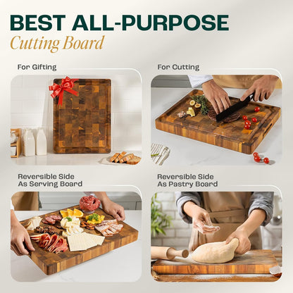 Large Teak Cutting Boards for Kitchen, 20"x15"x1.5" End Grain Butcher Block with Food-Friendly Surface, Durable Wood Chopping Board with Juice Grooves and Easy-Grip Handle for Home Prep
