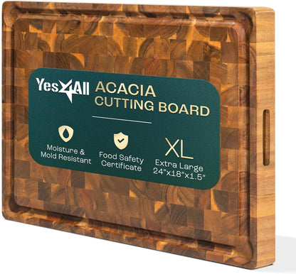 Large Teak Cutting Boards for Kitchen, 20"x15"x1.5" End Grain Butcher Block with Food-Friendly Surface, Durable Wood Chopping Board with Juice Grooves and Easy-Grip Handle for Home Prep