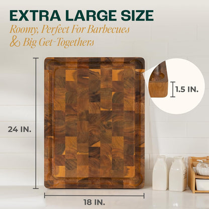 Large Teak Cutting Boards for Kitchen, 20"x15"x1.5" End Grain Butcher Block with Food-Friendly Surface, Durable Wood Chopping Board with Juice Grooves and Easy-Grip Handle for Home Prep