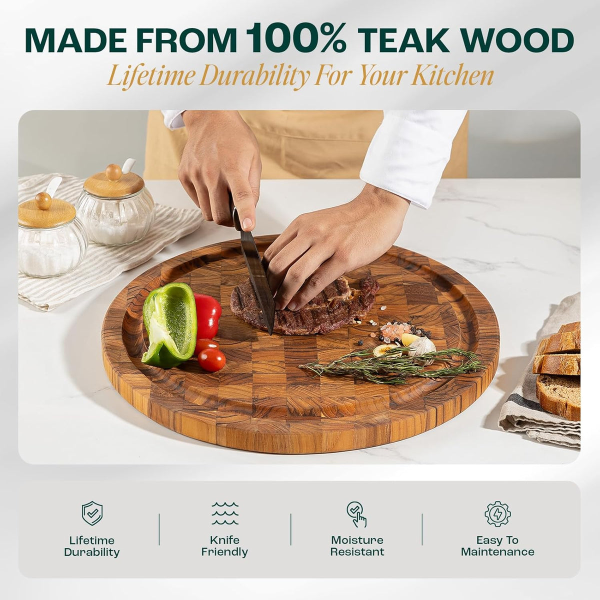Large Teak Cutting Boards for Kitchen, 20"x15"x1.5" End Grain Butcher Block with Food-Friendly Surface, Durable Wood Chopping Board with Juice Grooves and Easy-Grip Handle for Home Prep