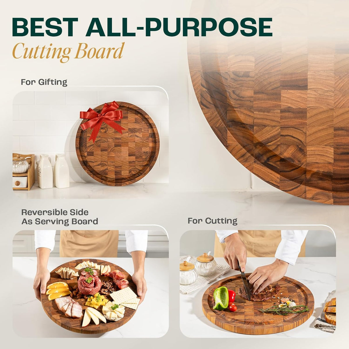 Large Teak Cutting Boards for Kitchen, 20"x15"x1.5" End Grain Butcher Block with Food-Friendly Surface, Durable Wood Chopping Board with Juice Grooves and Easy-Grip Handle for Home Prep