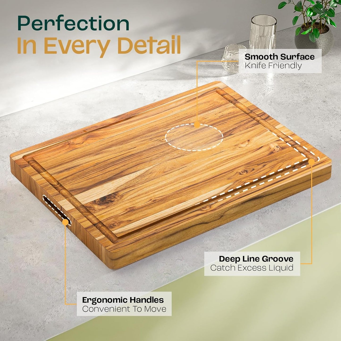 Large Teak Cutting Boards for Kitchen, 20"x15"x1.5" End Grain Butcher Block with Food-Friendly Surface, Durable Wood Chopping Board with Juice Grooves and Easy-Grip Handle for Home Prep