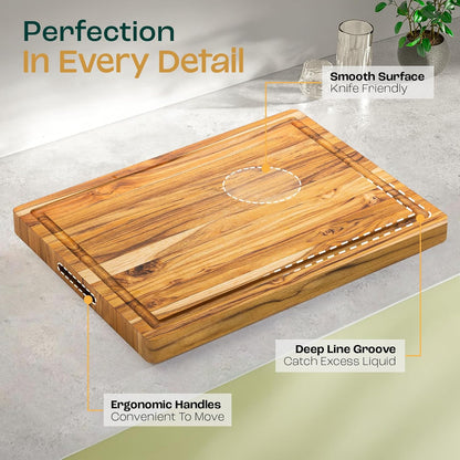 Large Teak Cutting Boards for Kitchen, 20"x15"x1.5" End Grain Butcher Block with Food-Friendly Surface, Durable Wood Chopping Board with Juice Grooves and Easy-Grip Handle for Home Prep