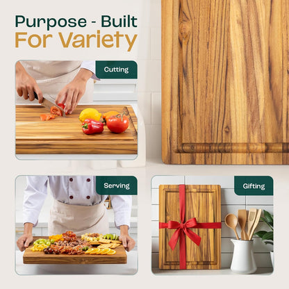 Large Teak Cutting Boards for Kitchen, 20"x15"x1.5" End Grain Butcher Block with Food-Friendly Surface, Durable Wood Chopping Board with Juice Grooves and Easy-Grip Handle for Home Prep