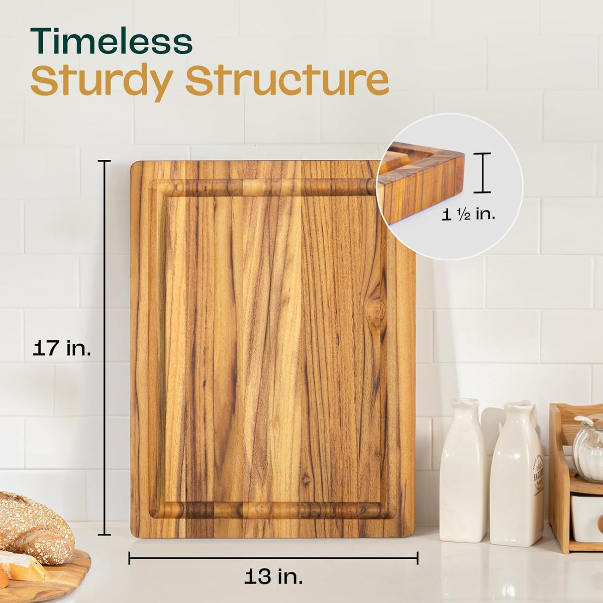 Large Teak Cutting Boards for Kitchen, 20"x15"x1.5" End Grain Butcher Block with Food-Friendly Surface, Durable Wood Chopping Board with Juice Grooves and Easy-Grip Handle for Home Prep