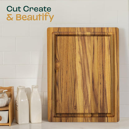 Large Teak Cutting Boards for Kitchen, 20"x15"x1.5" End Grain Butcher Block with Food-Friendly Surface, Durable Wood Chopping Board with Juice Grooves and Easy-Grip Handle for Home Prep