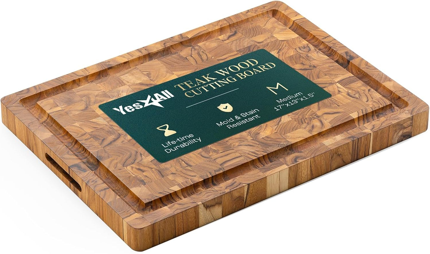 Large Teak Cutting Boards for Kitchen, 20"x15"x1.5" End Grain Butcher Block with Food-Friendly Surface, Durable Wood Chopping Board with Juice Grooves and Easy-Grip Handle for Home Prep