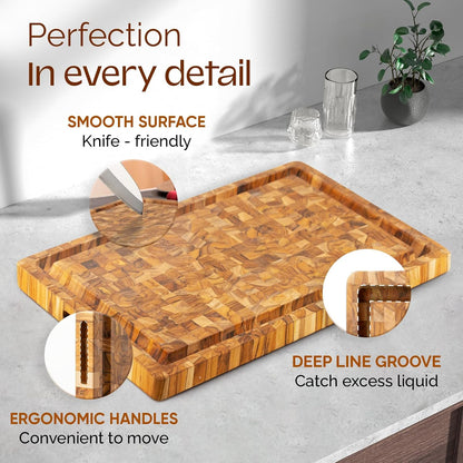 Large Teak Cutting Boards for Kitchen, 20"x15"x1.5" End Grain Butcher Block with Food-Friendly Surface, Durable Wood Chopping Board with Juice Grooves and Easy-Grip Handle for Home Prep