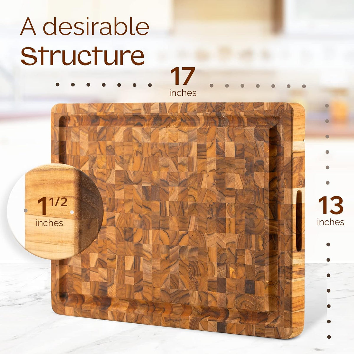 Large Teak Cutting Boards for Kitchen, 20"x15"x1.5" End Grain Butcher Block with Food-Friendly Surface, Durable Wood Chopping Board with Juice Grooves and Easy-Grip Handle for Home Prep