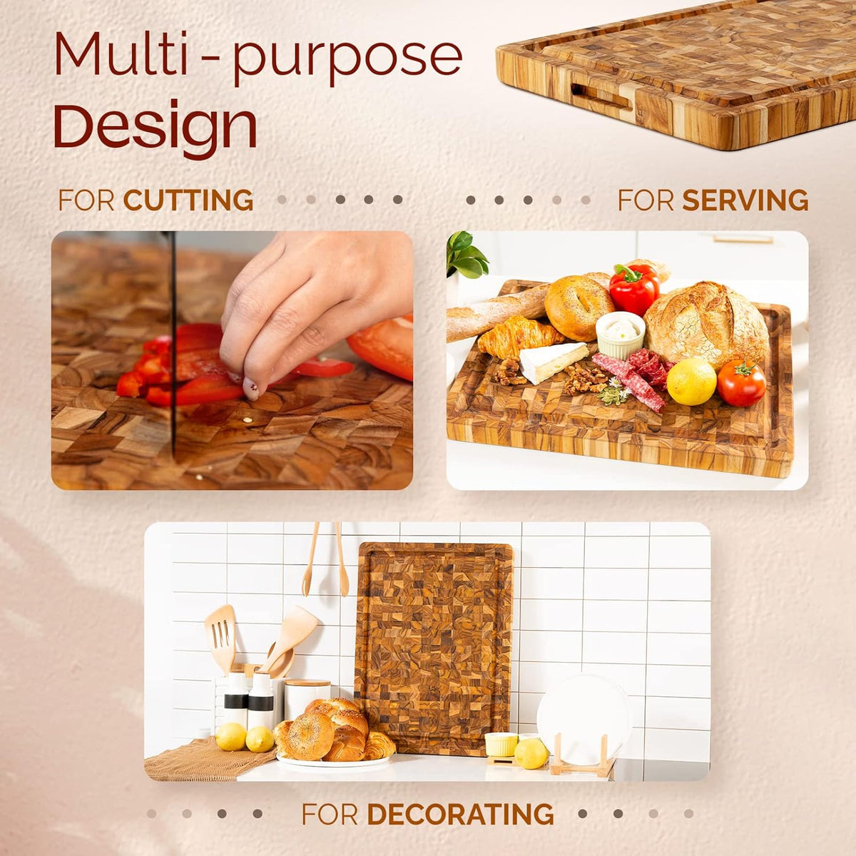Large Teak Cutting Boards for Kitchen, 20"x15"x1.5" End Grain Butcher Block with Food-Friendly Surface, Durable Wood Chopping Board with Juice Grooves and Easy-Grip Handle for Home Prep