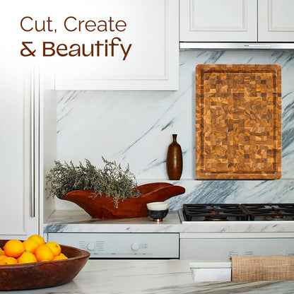 Large Teak Cutting Boards for Kitchen, 20"x15"x1.5" End Grain Butcher Block with Food-Friendly Surface, Durable Wood Chopping Board with Juice Grooves and Easy-Grip Handle for Home Prep