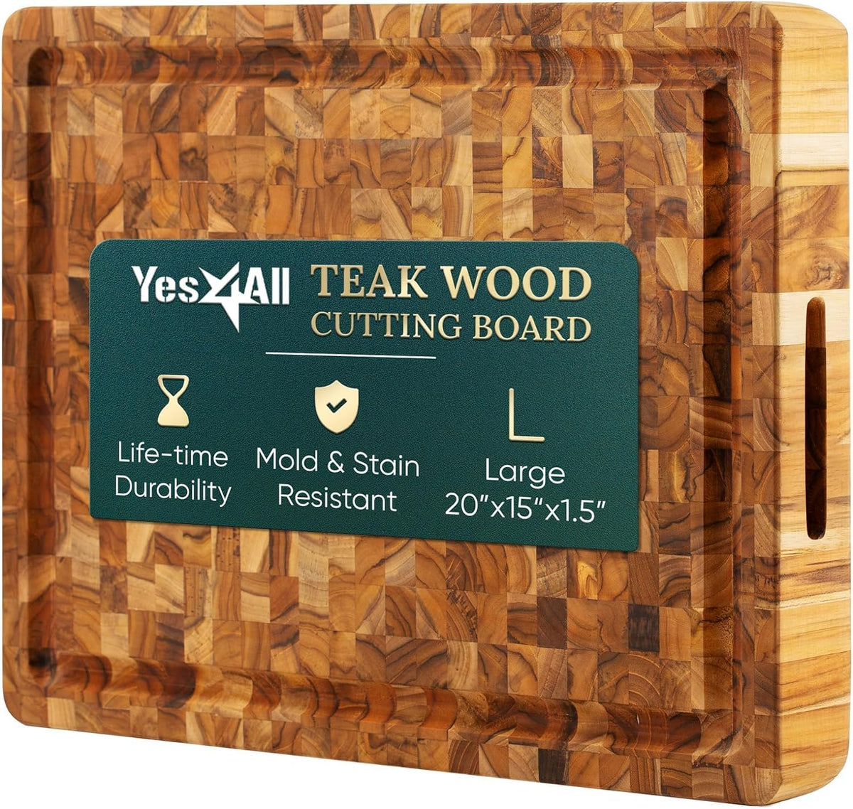 Large Teak Cutting Boards for Kitchen, 20"x15"x1.5" End Grain Butcher Block with Food-Friendly Surface, Durable Wood Chopping Board with Juice Grooves and Easy-Grip Handle for Home Prep