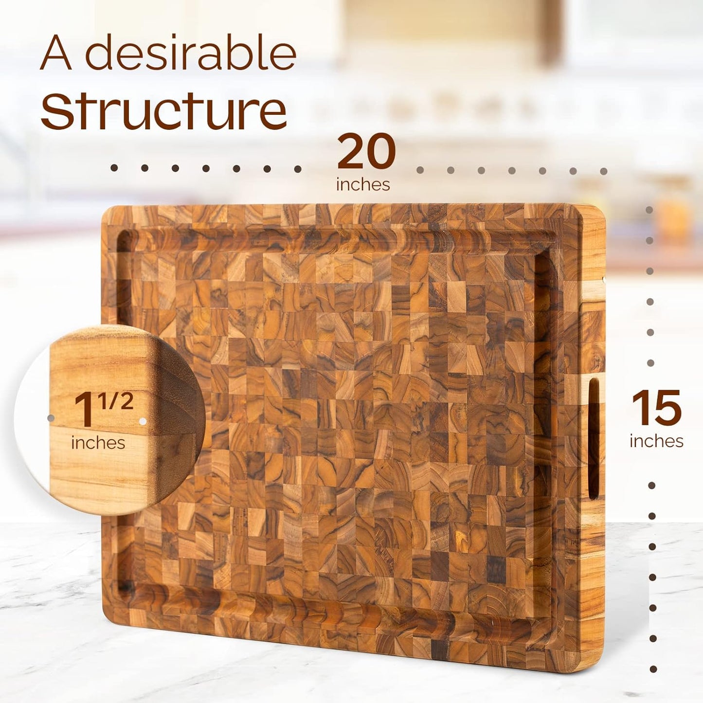 Large Teak Cutting Boards for Kitchen, 20"x15"x1.5" End Grain Butcher Block with Food-Friendly Surface, Durable Wood Chopping Board with Juice Grooves and Easy-Grip Handle for Home Prep