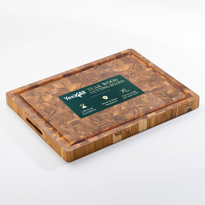 Large Teak Cutting Boards for Kitchen, 20"x15"x1.5" End Grain Butcher Block with Food-Friendly Surface, Durable Wood Chopping Board with Juice Grooves and Easy-Grip Handle for Home Prep