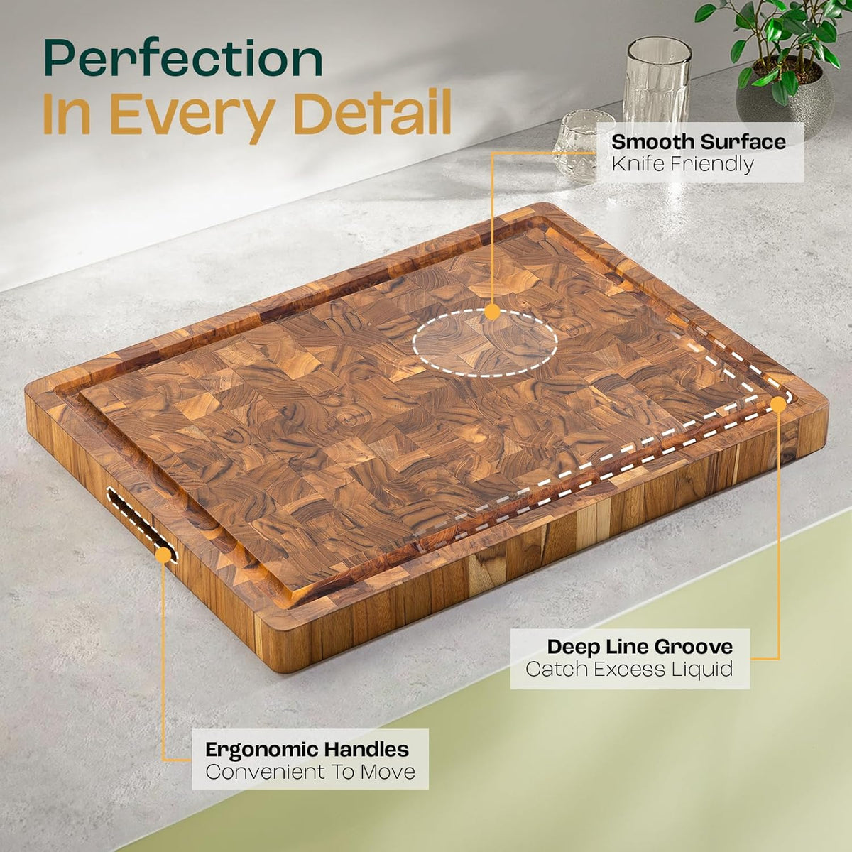 Large Teak Cutting Boards for Kitchen, 20"x15"x1.5" End Grain Butcher Block with Food-Friendly Surface, Durable Wood Chopping Board with Juice Grooves and Easy-Grip Handle for Home Prep