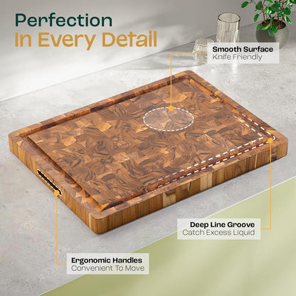 Large Teak Cutting Boards for Kitchen, 20"x15"x1.5" End Grain Butcher Block with Food-Friendly Surface, Durable Wood Chopping Board with Juice Grooves and Easy-Grip Handle for Home Prep