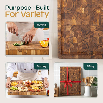 Large Teak Cutting Boards for Kitchen, 20"x15"x1.5" End Grain Butcher Block with Food-Friendly Surface, Durable Wood Chopping Board with Juice Grooves and Easy-Grip Handle for Home Prep