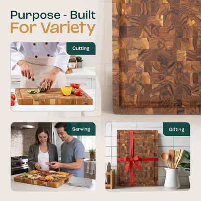 Large Teak Cutting Boards for Kitchen, 20"x15"x1.5" End Grain Butcher Block with Food-Friendly Surface, Durable Wood Chopping Board with Juice Grooves and Easy-Grip Handle for Home Prep