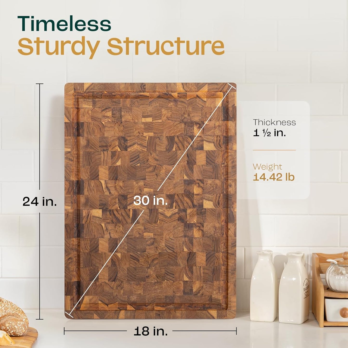 Large Teak Cutting Boards for Kitchen, 20"x15"x1.5" End Grain Butcher Block with Food-Friendly Surface, Durable Wood Chopping Board with Juice Grooves and Easy-Grip Handle for Home Prep