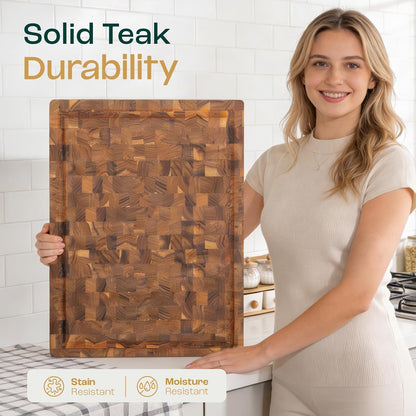 Large Teak Cutting Boards for Kitchen, 20"x15"x1.5" End Grain Butcher Block with Food-Friendly Surface, Durable Wood Chopping Board with Juice Grooves and Easy-Grip Handle for Home Prep
