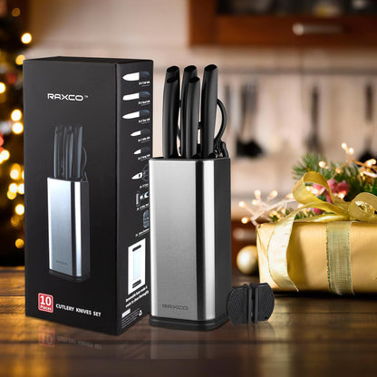 Knife Set,10-Piece Stainless Steel Kitchen Knife Set with Block,Black | Compact Small Countertop Holder,Pro-Sharpened Stainless Steel Chef Knives, Space Saving Knife Set for RV & Apartment
