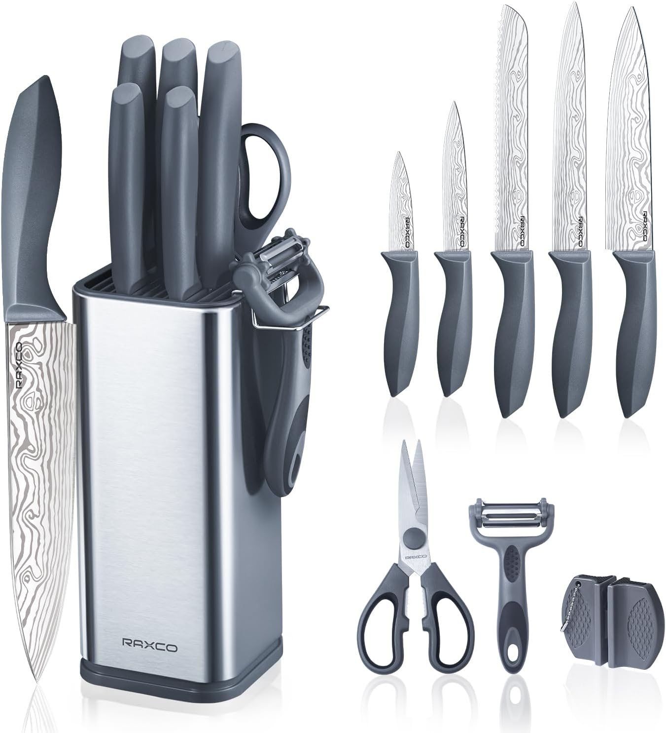 Knife Set,10-Piece Stainless Steel Kitchen Knife Set with Block,Black | Compact Small Countertop Holder,Pro-Sharpened Stainless Steel Chef Knives, Space Saving Knife Set for RV & Apartment