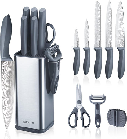 Knife Set,10-Piece Stainless Steel Kitchen Knife Set with Block,Black | Compact Small Countertop Holder,Pro-Sharpened Stainless Steel Chef Knives, Space Saving Knife Set for RV & Apartment