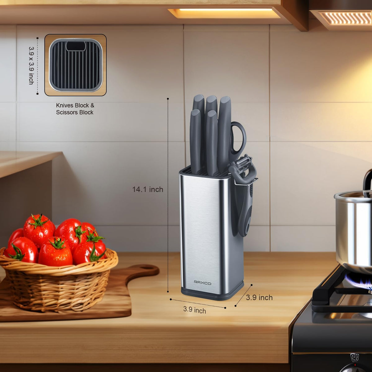 Knife Set,10-Piece Stainless Steel Kitchen Knife Set with Block,Black | Compact Small Countertop Holder,Pro-Sharpened Stainless Steel Chef Knives, Space Saving Knife Set for RV & Apartment
