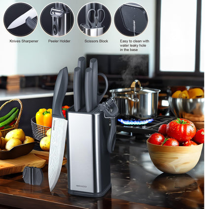 Knife Set,10-Piece Stainless Steel Kitchen Knife Set with Block,Black | Compact Small Countertop Holder,Pro-Sharpened Stainless Steel Chef Knives, Space Saving Knife Set for RV & Apartment
