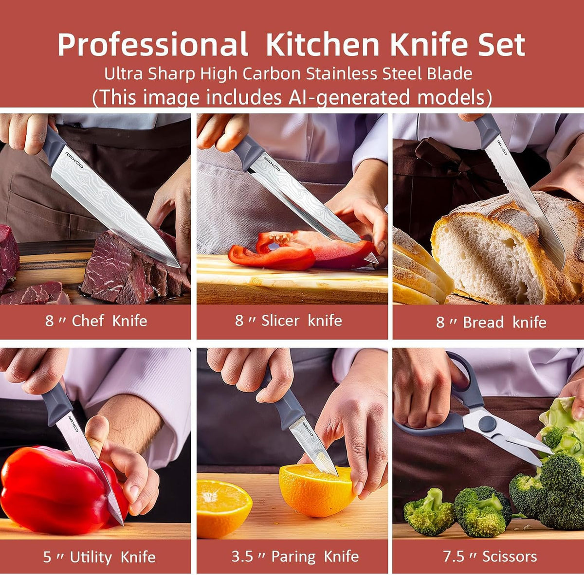 Knife Set,10-Piece Stainless Steel Kitchen Knife Set with Block,Black | Compact Small Countertop Holder,Pro-Sharpened Stainless Steel Chef Knives, Space Saving Knife Set for RV & Apartment