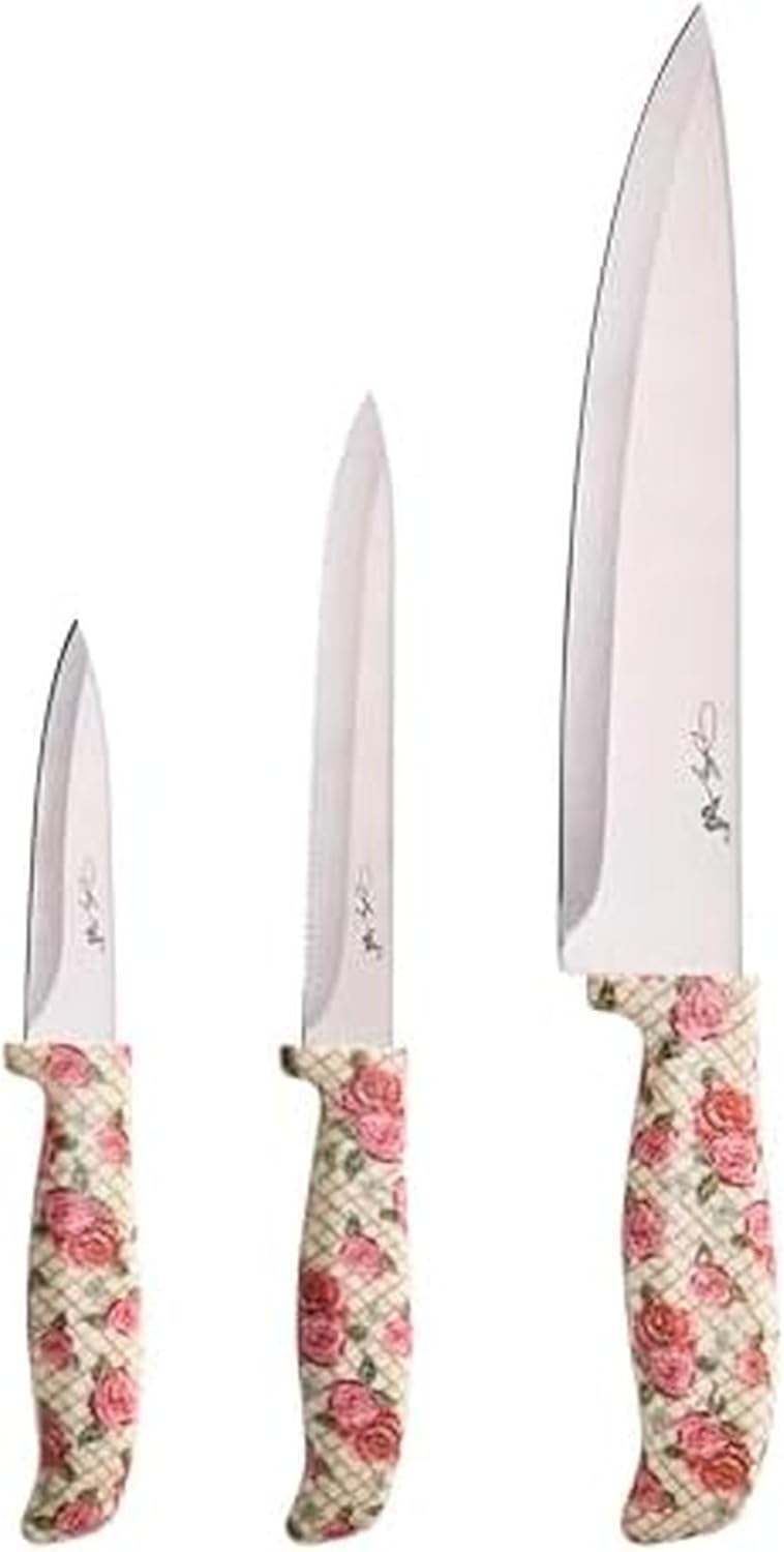 3-Piece Knife Set, Rose Pattern Handles, Includes 8 Inch Chef, 5.5 Inch Serrated Utility and 3.5 Inch Paring Knives