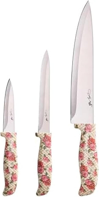 3-Piece Knife Set, Rose Pattern Handles, Includes 8 Inch Chef, 5.5 Inch Serrated Utility and 3.5 Inch Paring Knives