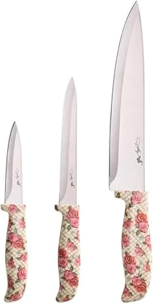 3-Piece Knife Set, Rose Pattern Handles, Includes 8 Inch Chef, 5.5 Inch Serrated Utility and 3.5 Inch Paring Knives