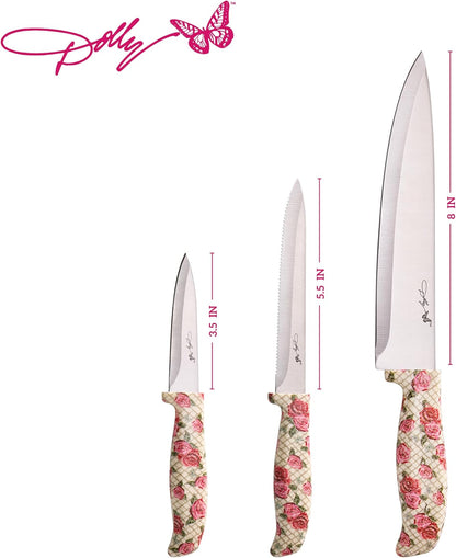 3-Piece Knife Set, Rose Pattern Handles, Includes 8 Inch Chef, 5.5 Inch Serrated Utility and 3.5 Inch Paring Knives
