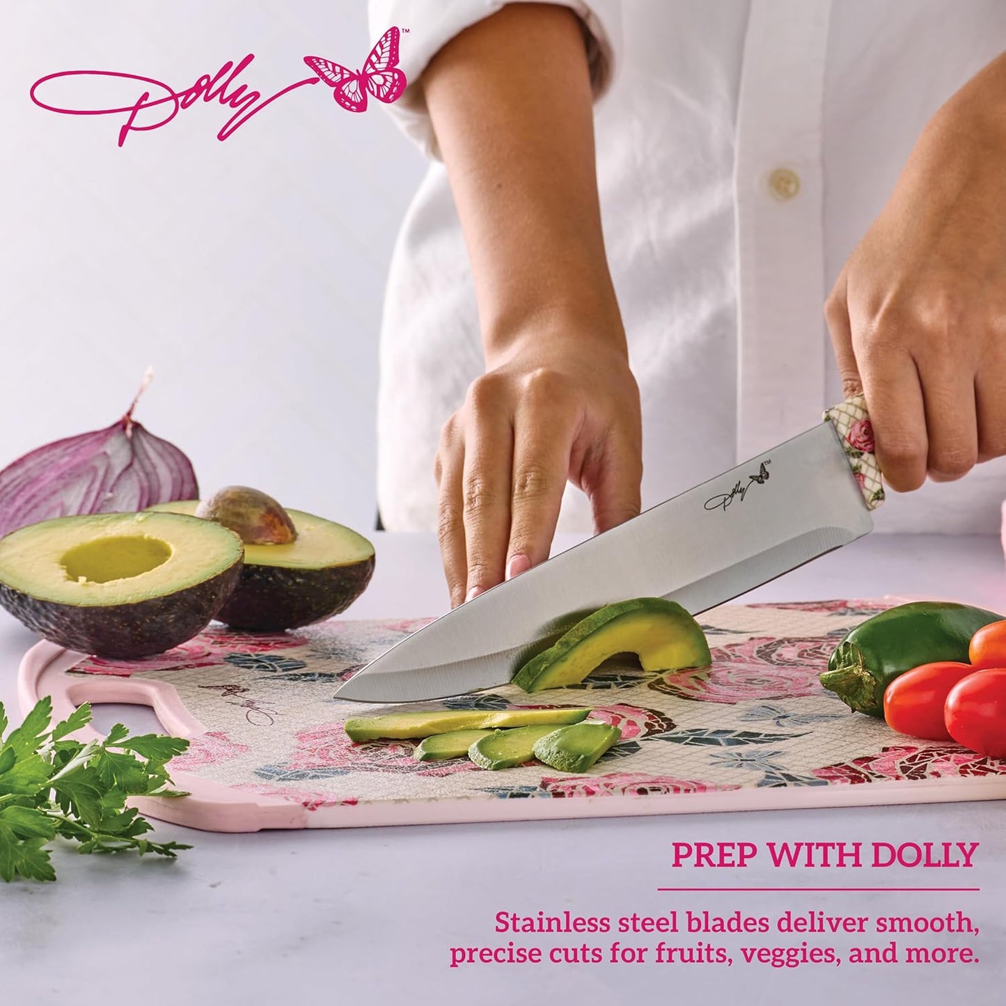 3-Piece Knife Set, Rose Pattern Handles, Includes 8 Inch Chef, 5.5 Inch Serrated Utility and 3.5 Inch Paring Knives