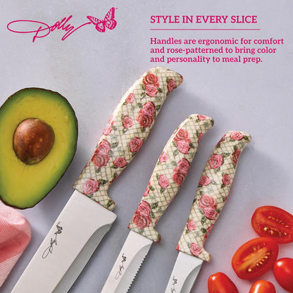 3-Piece Knife Set, Rose Pattern Handles, Includes 8 Inch Chef, 5.5 Inch Serrated Utility and 3.5 Inch Paring Knives