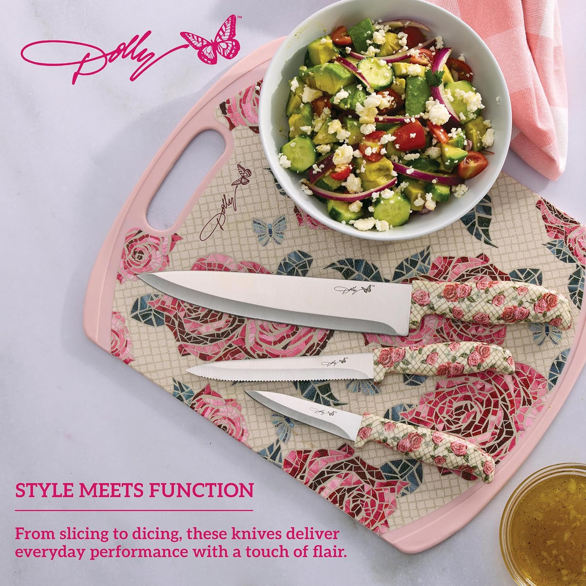 3-Piece Knife Set, Rose Pattern Handles, Includes 8 Inch Chef, 5.5 Inch Serrated Utility and 3.5 Inch Paring Knives